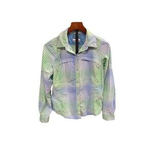 Columbia Womens Omni-Shade Gingham Plaid Button Up Sun Shirt Green Blue Small